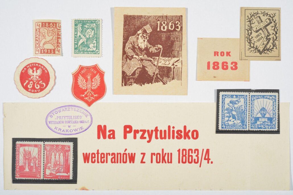 Znaczki kwestarskie związane z upamiętnieniem powstania styczniowego. (Powyżej przedstawione znaczki występowały jako nalepki listowe i zdarza się spotkać egzemplarze ostemplowane pocztowo).