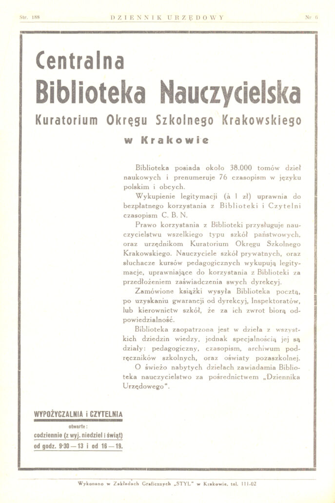 Reklama Centralnej Biblioteki Nauczycielskiej, źródło: „Dziennik Urzędowy Kuratorium Okręgu Szkolnego Krakowskiego” 1937, nr 6, s. 188