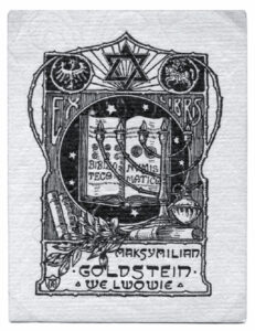 Rudolf Mękicki, Ex libris Maksymilian Goldstein we Lwowie, cynkotypia kreskowa, 1910, źródło: Antykwariat Rara Avis, 97 aukcja…, s. 177, poz. 771