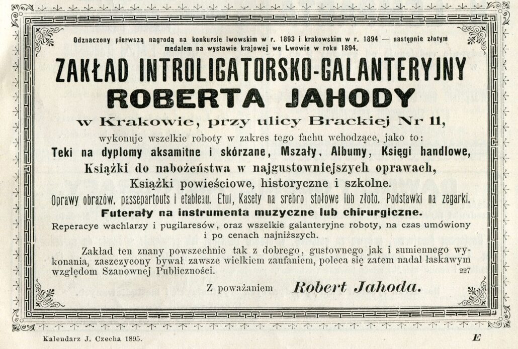 Reklama Firmy Roberta Jahody, Kraków Kalendarz J. Czecha na rok 1895, wł. BiA MK